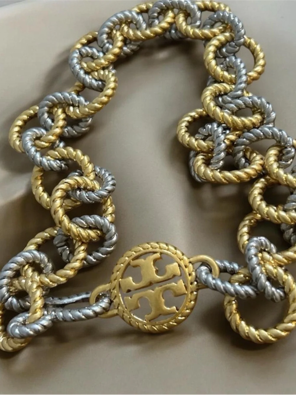 NWT TORY BURCH Silver & Gold-Tone Chunky Rope Chain Link Necklace Toggle Clasp